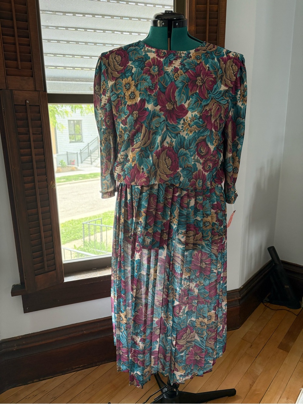 Floral Midi Dress in Teal, Burgundy & Taupe